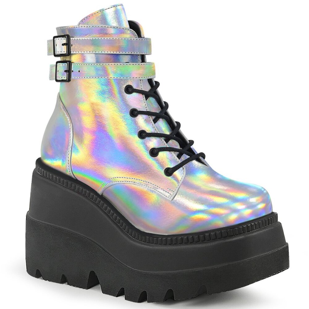 Demonia Shaker 52 Silver Platform Ankle Boots